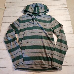 Aeropostale Men's L Green Gray Striped Hooded Henley Thermal Shirt Hoodie Tee
